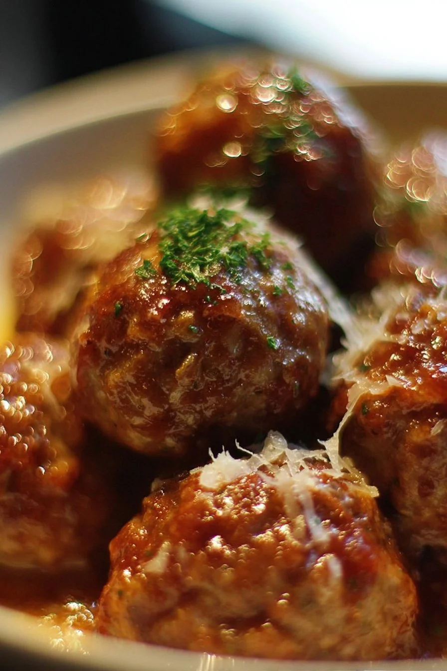 Delicious Crockpot French Onion Meatballs served on a platter with herbs.