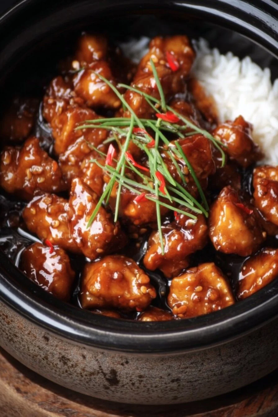 Crockpot General Tso's Chicken served with rice and vegetables