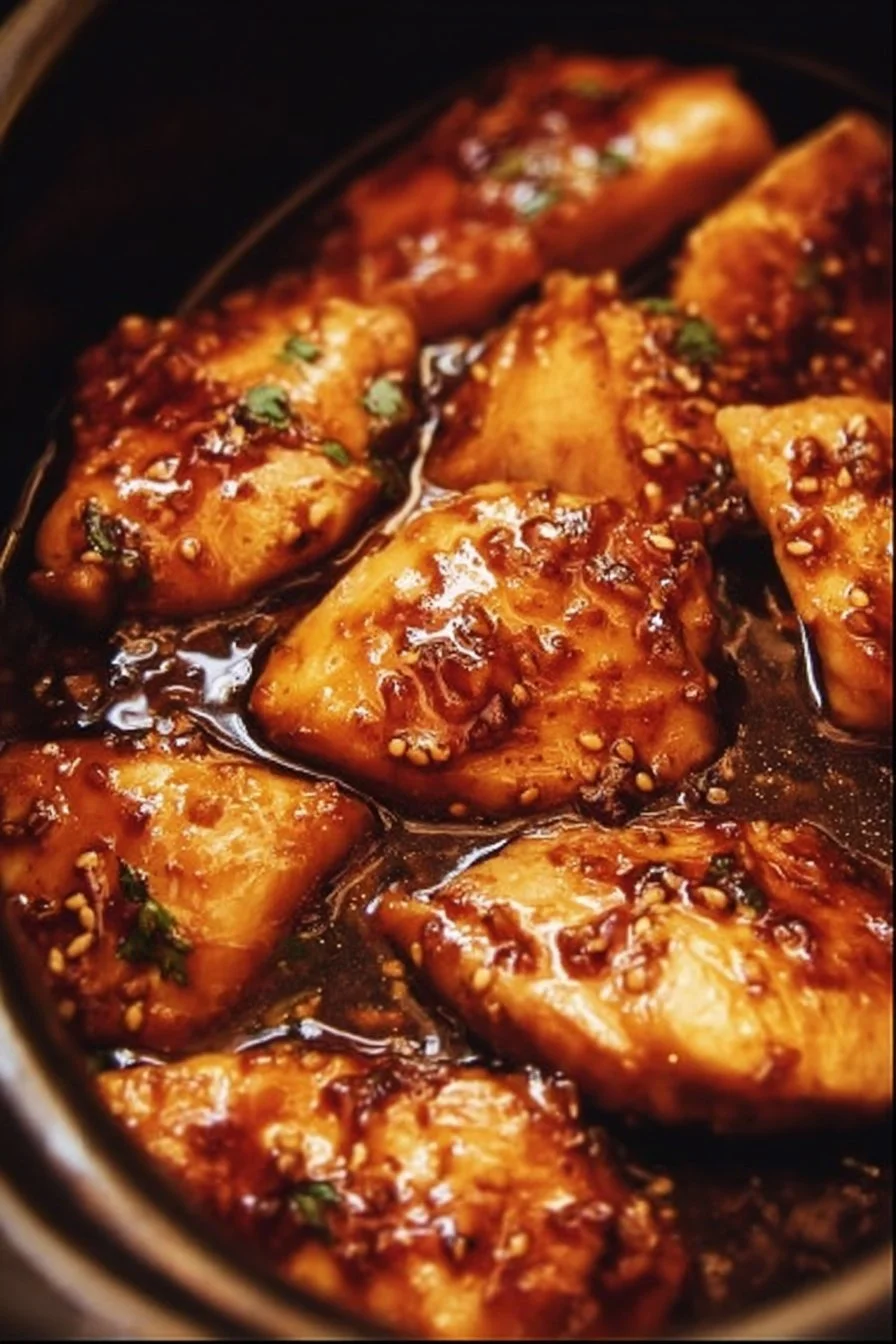Crockpot Honey Garlic Chicken served on a plate with fresh vegetables