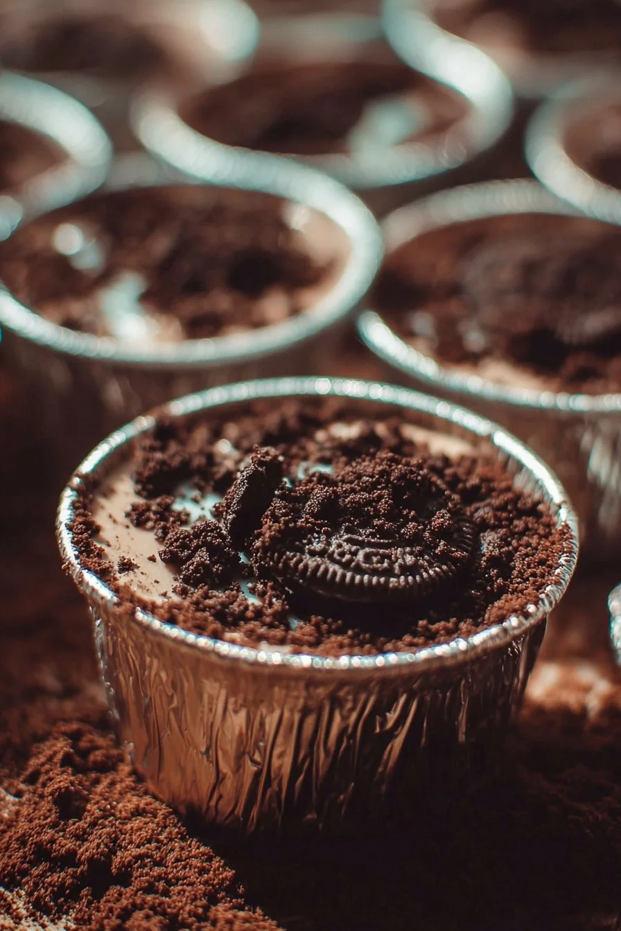 Delicious Dirt Cake Cups topped with chocolate crumbs and gummy worms