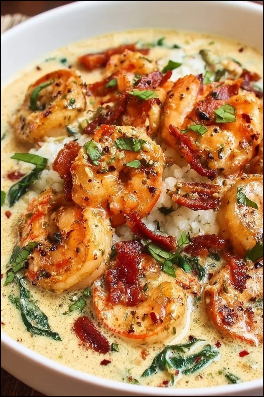 Creamy Tuscan shrimp served in a bowl with fresh herbs and spices.