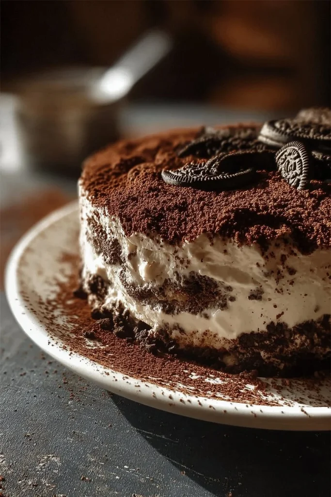Delicious easy dirt cake layered with chocolate pudding and Oreo crumbs.