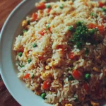 Plate of easy fried rice with vegetables and egg, garnished with green onions