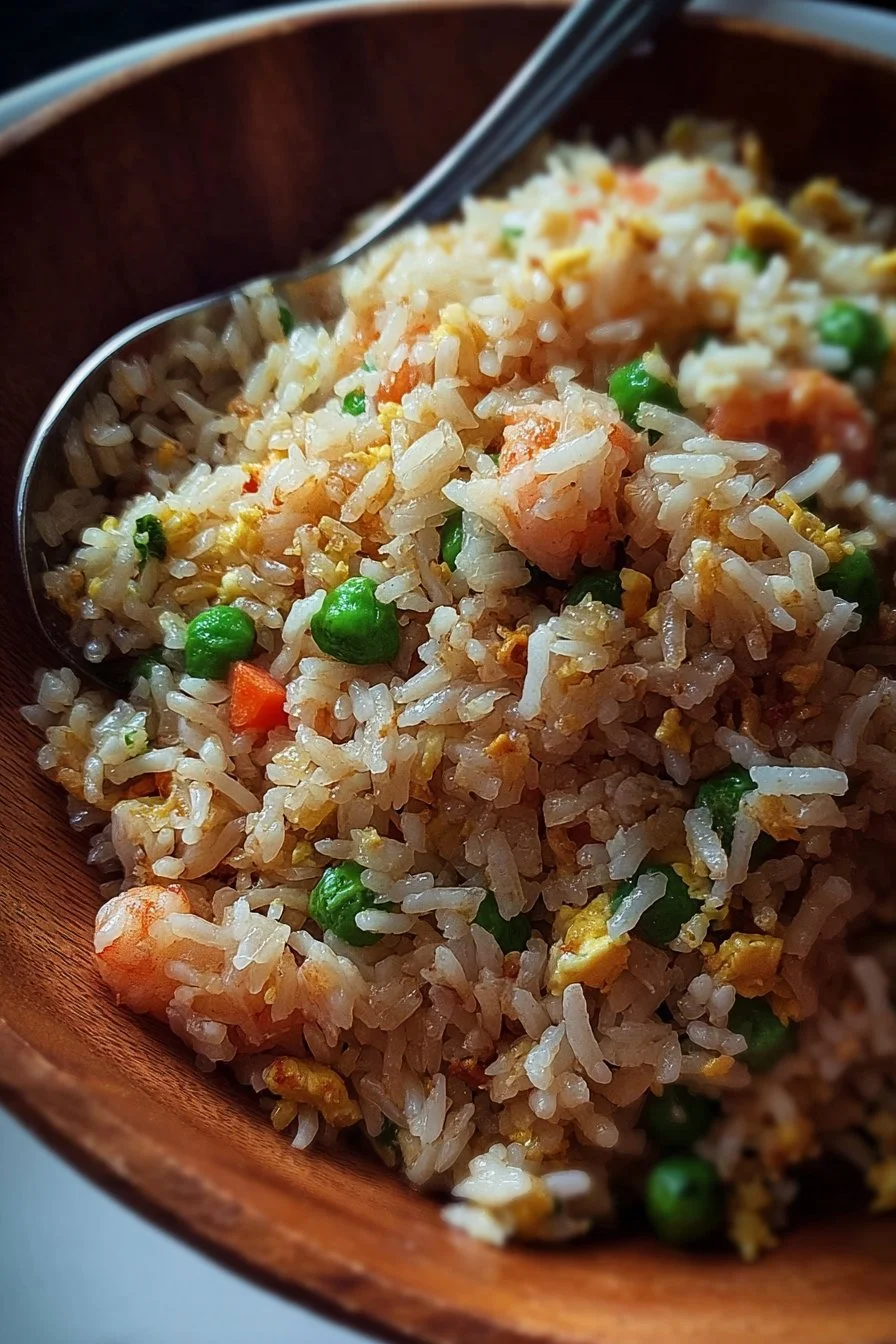 Bowl of easy homemade fried rice with vegetables and egg