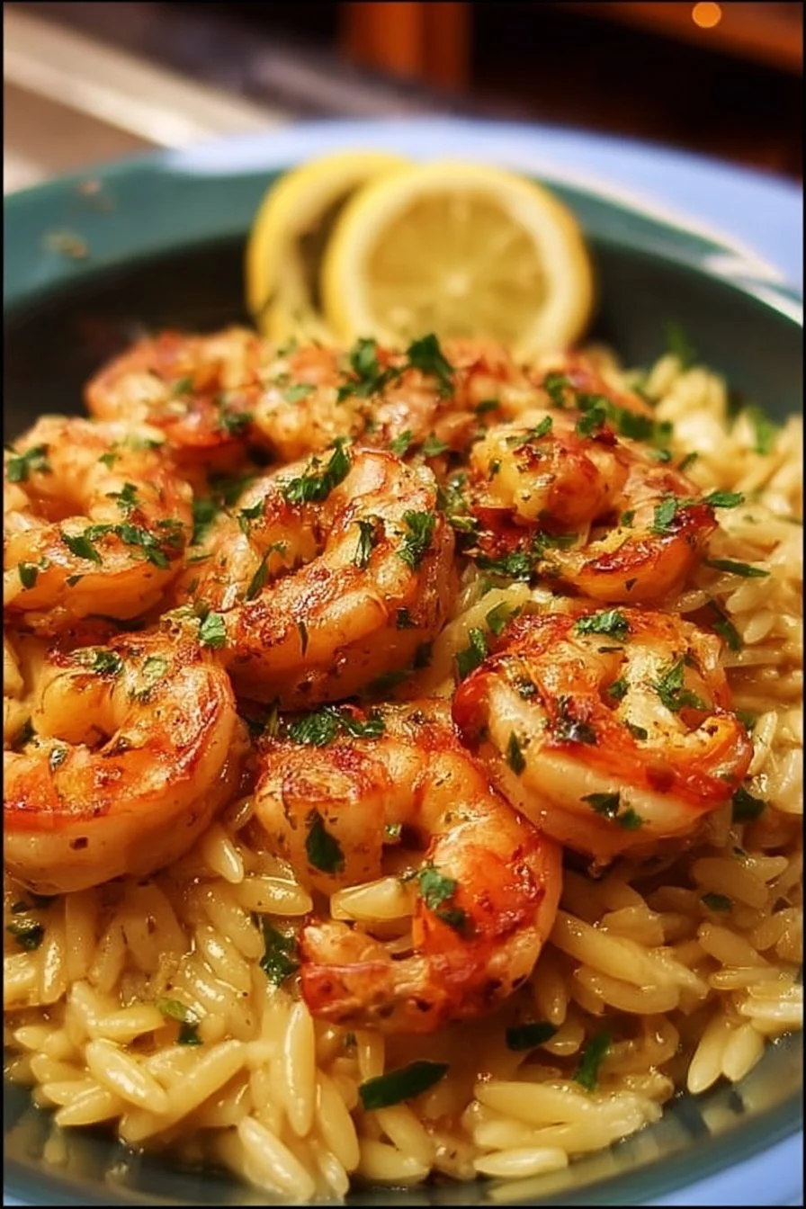 Easy shrimp orzo in lemon garlic sauce served in a bowl