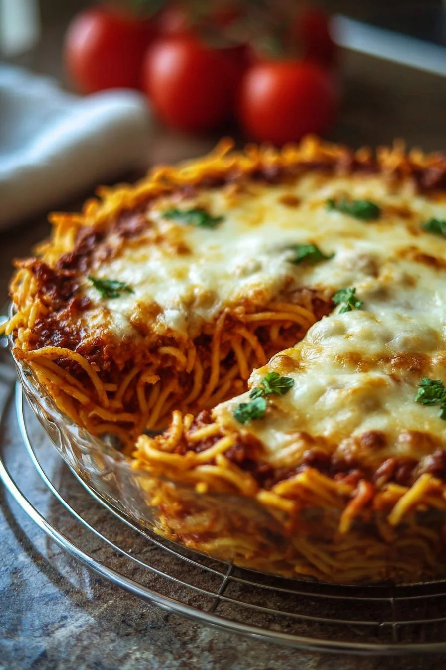 Delicious easy spaghetti pie served on a plate with cheese and herbs.