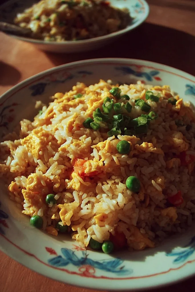 Delicious bowl of homemade Egg Fried Rice with colorful vegetables