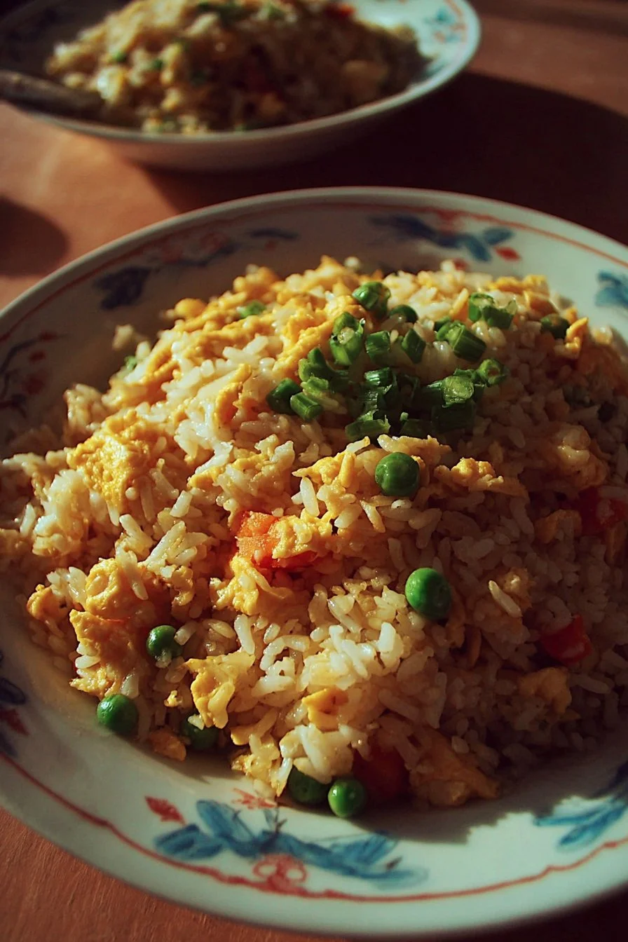 Delicious bowl of homemade Egg Fried Rice with colorful vegetables