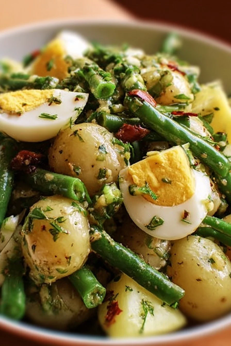 French-style potato and green bean salad served in a bowl