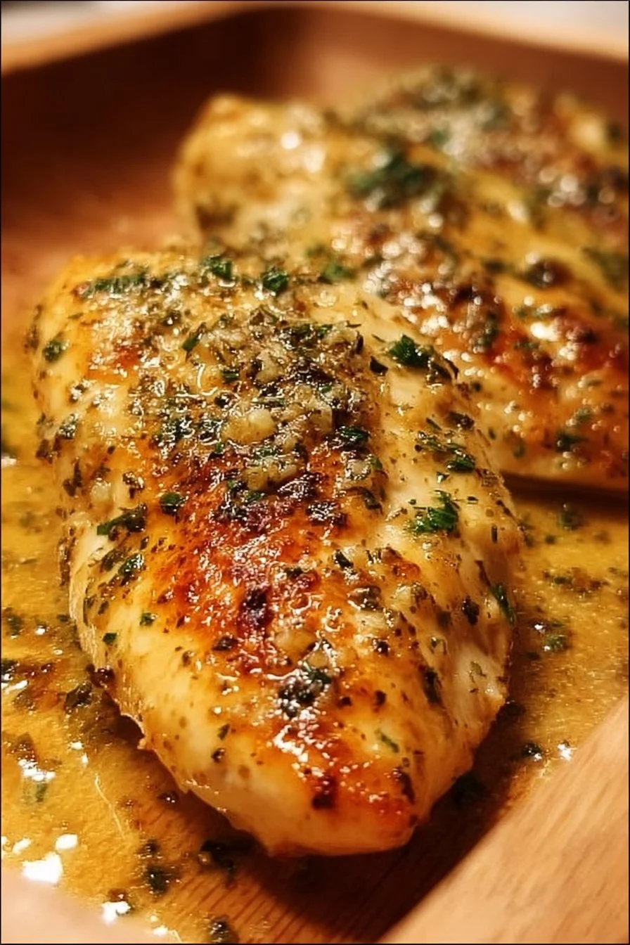 Garlic Butter Baked Chicken Breast 2 Garlic Butter Baked Chicken Breast with herbs and seasoning on a plate