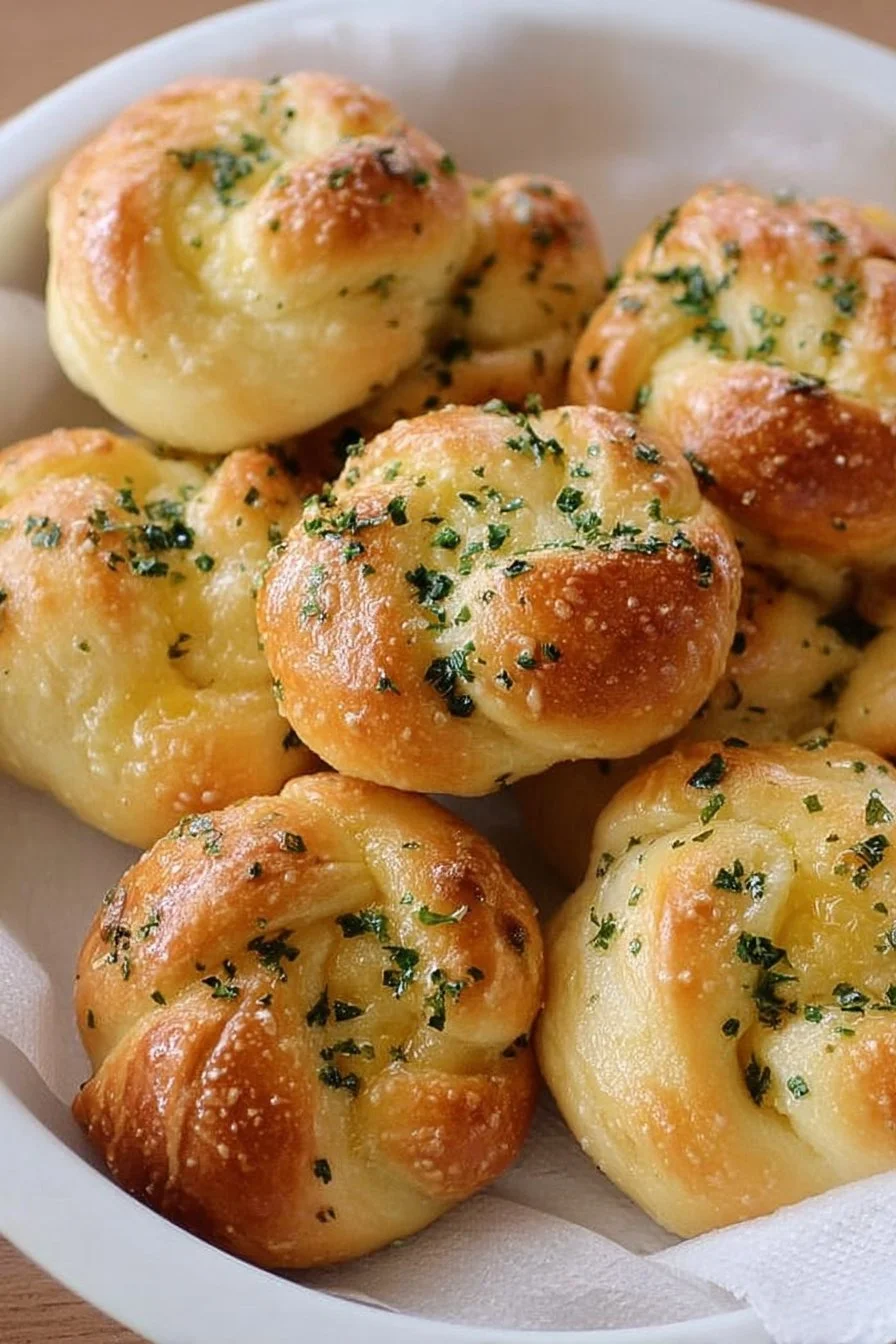 Garlic Knots 2 Delicious garlic knots fresh out of the oven, golden and buttery with garlic flavor.