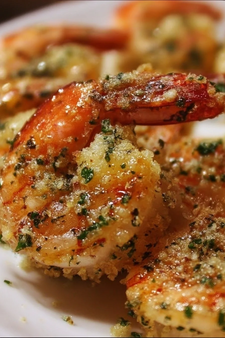 Garlic-Parmesan Roasted Shrimp 2 Delicious Garlic-Parmesan roasted shrimp on a plate garnished with herbs