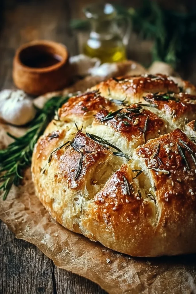 Freshly baked Garlic Rosemary Artisan Bread with herbs on a wooden table