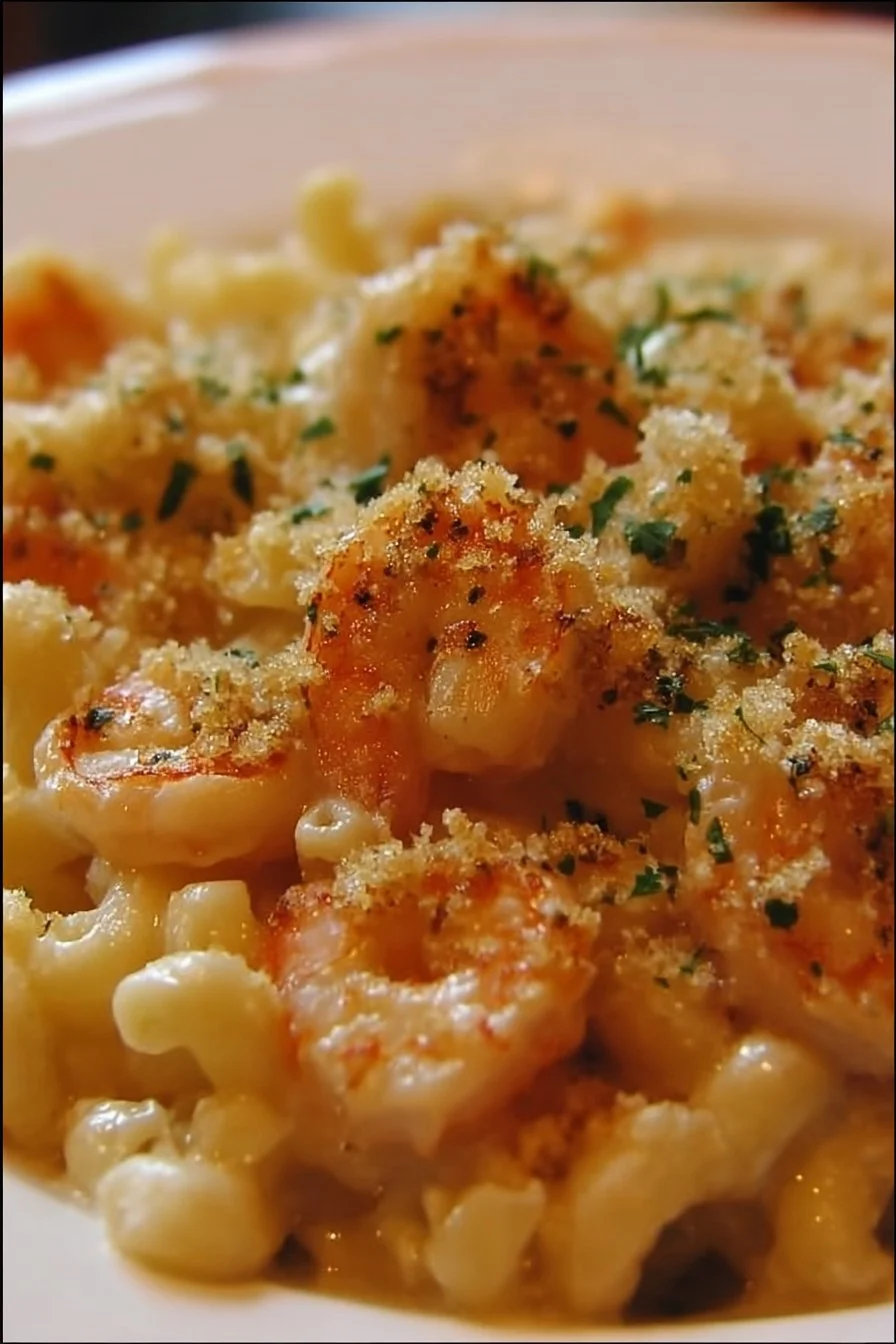 Garlic Shrimp Mac and Cheese 2 Creamy Garlic Shrimp Mac and Cheese topped with herbs in a skillet