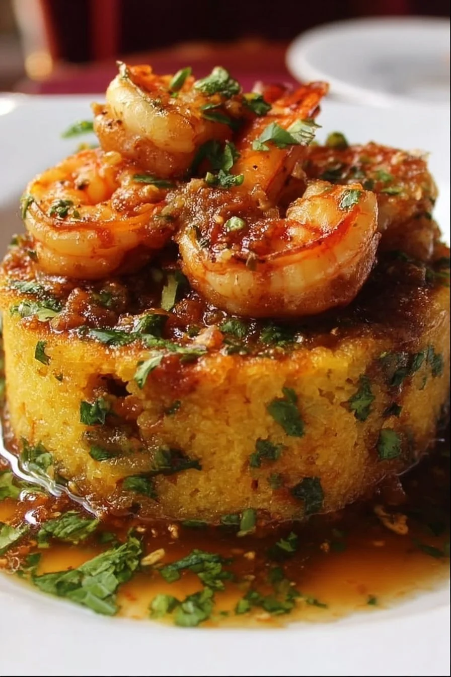 Garlic Shrimp Mofongo 2 Delicious Garlic Shrimp Mofongo served with a garnish, showcasing Puerto Rican cuisine.