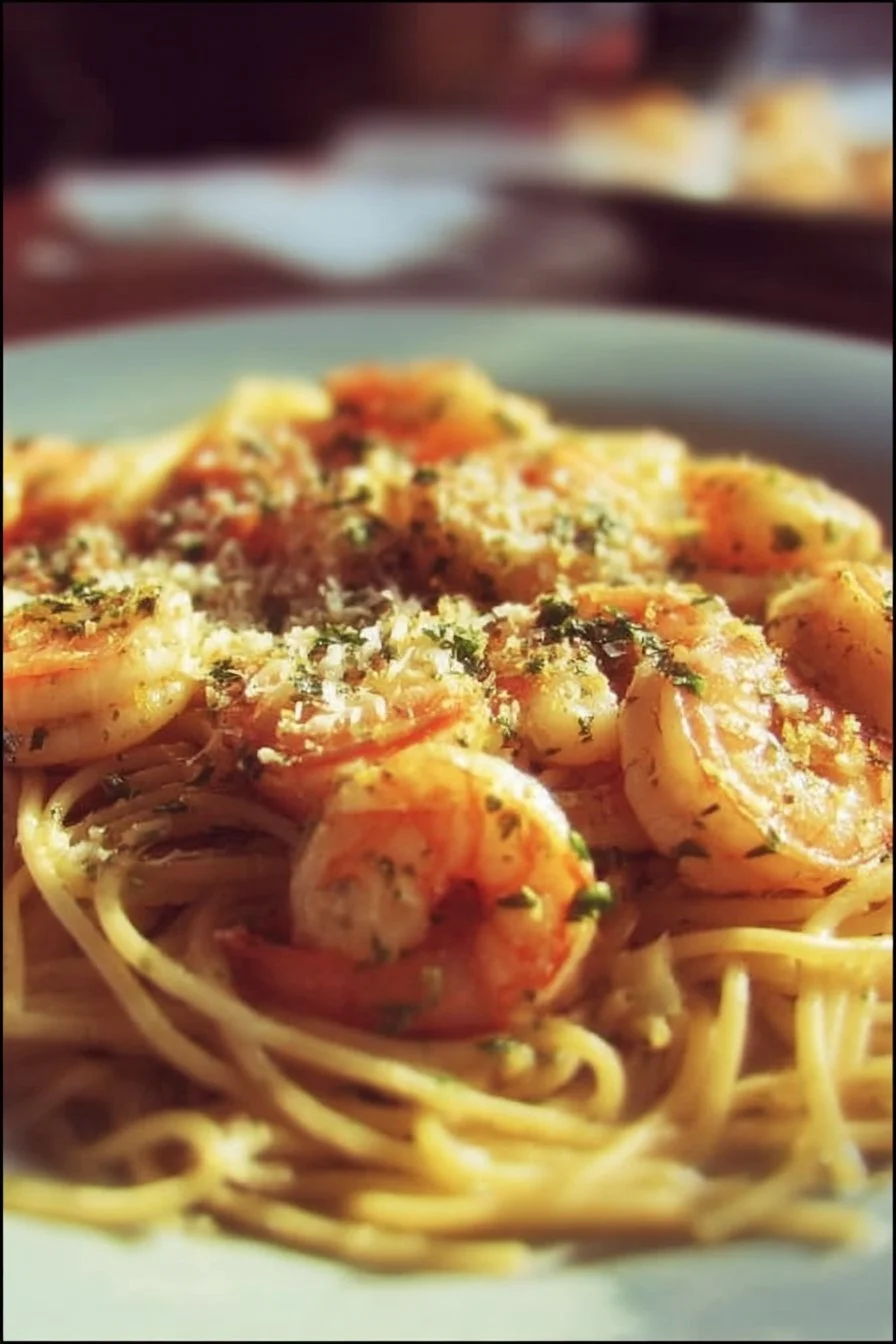 Garlic Shrimp Pasta 2 Plate of Garlic Shrimp Pasta garnished with parsley and lemon slices