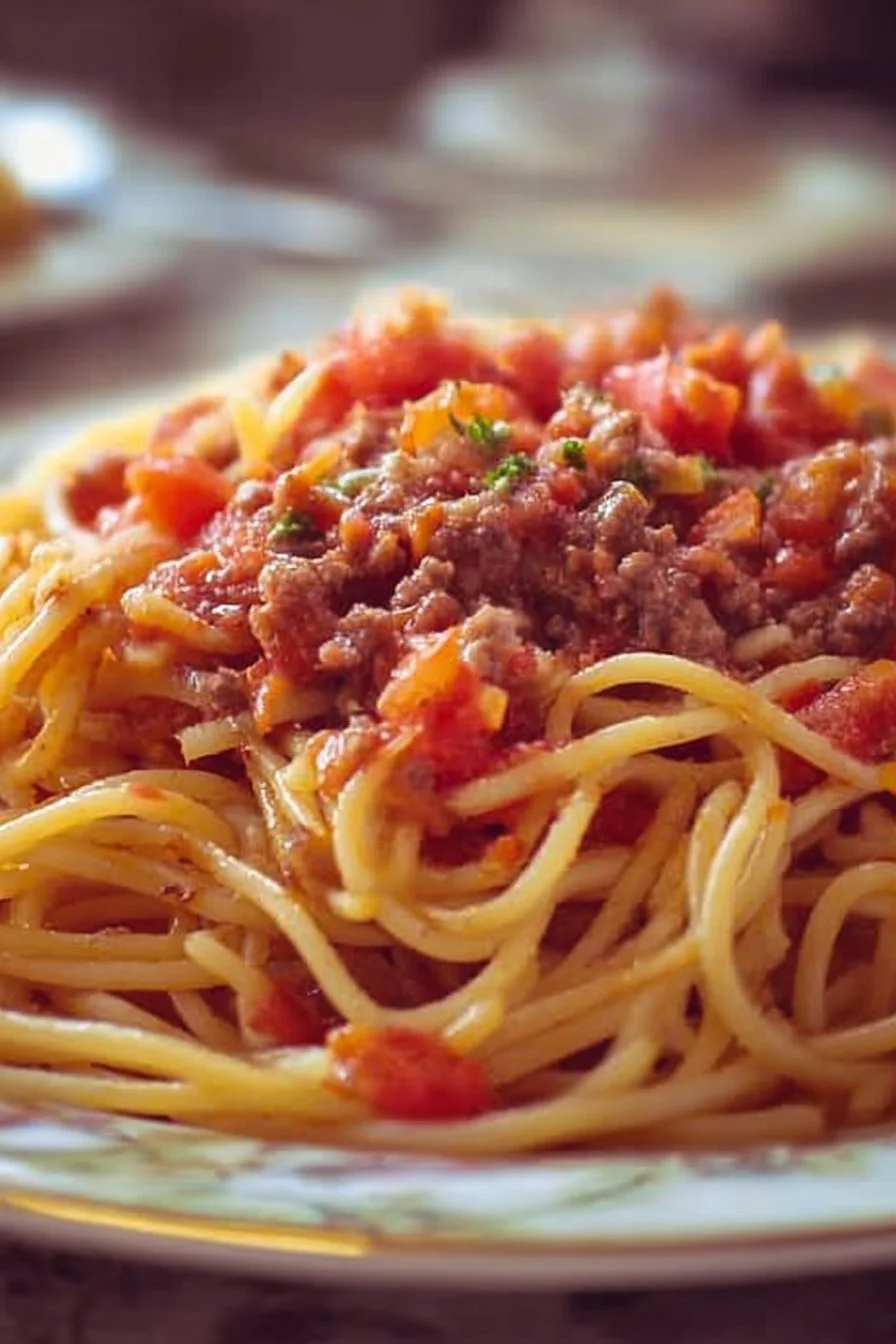 Delicious plate of Grandma's Secret Spaghetti topped with fresh herbs and cheese.