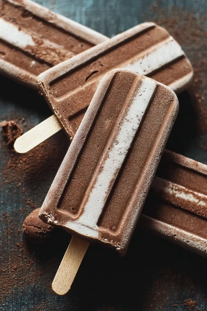 Creamy Greek yogurt fudgesicles served on a wooden stick