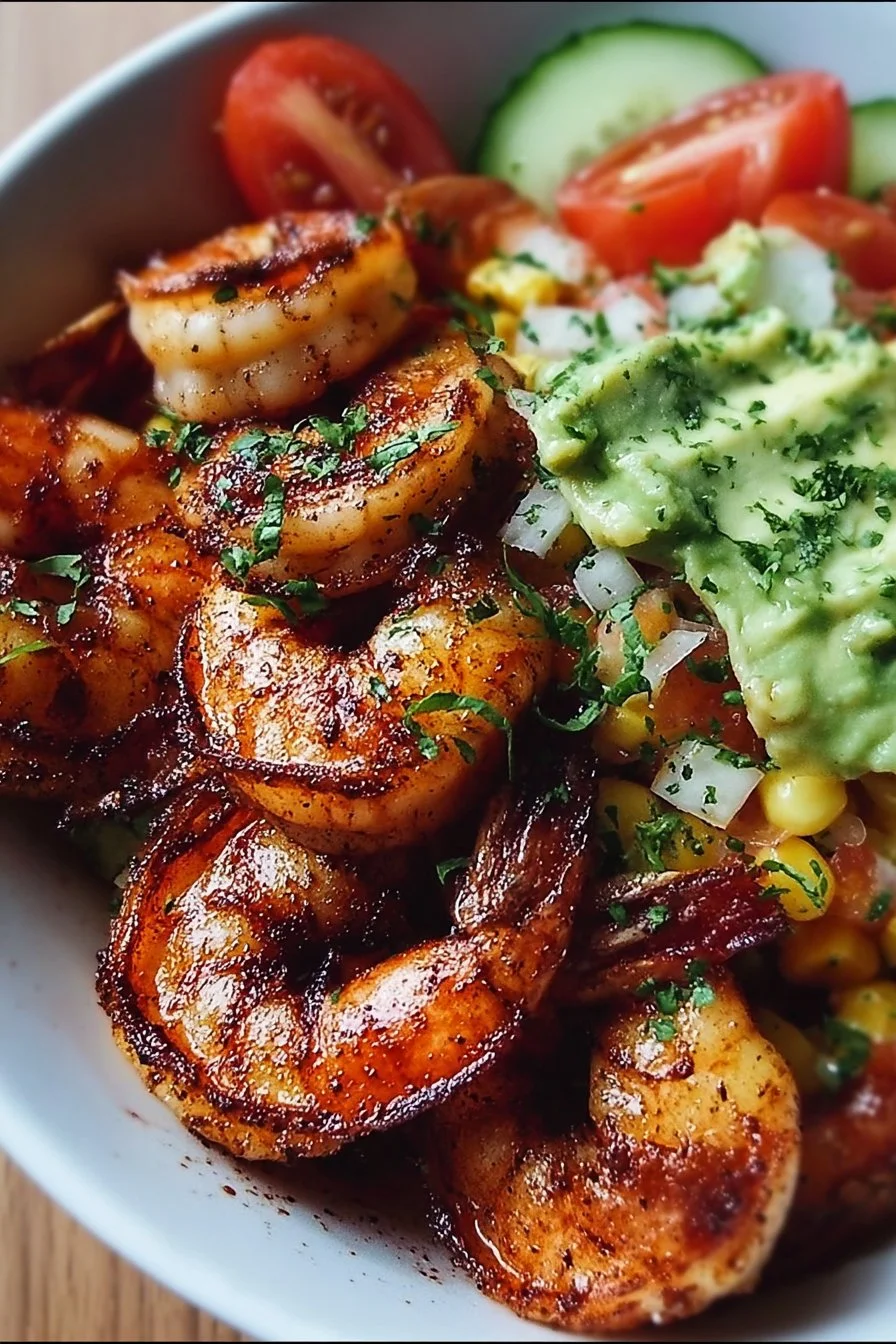 Delicious grilled shrimp bowl with fresh vegetables and toppings