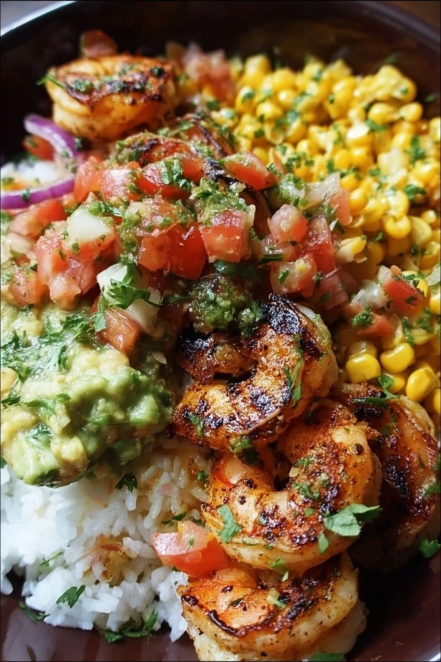 Grilled shrimp bowl topped with vibrant corn salsa and fresh herbs.