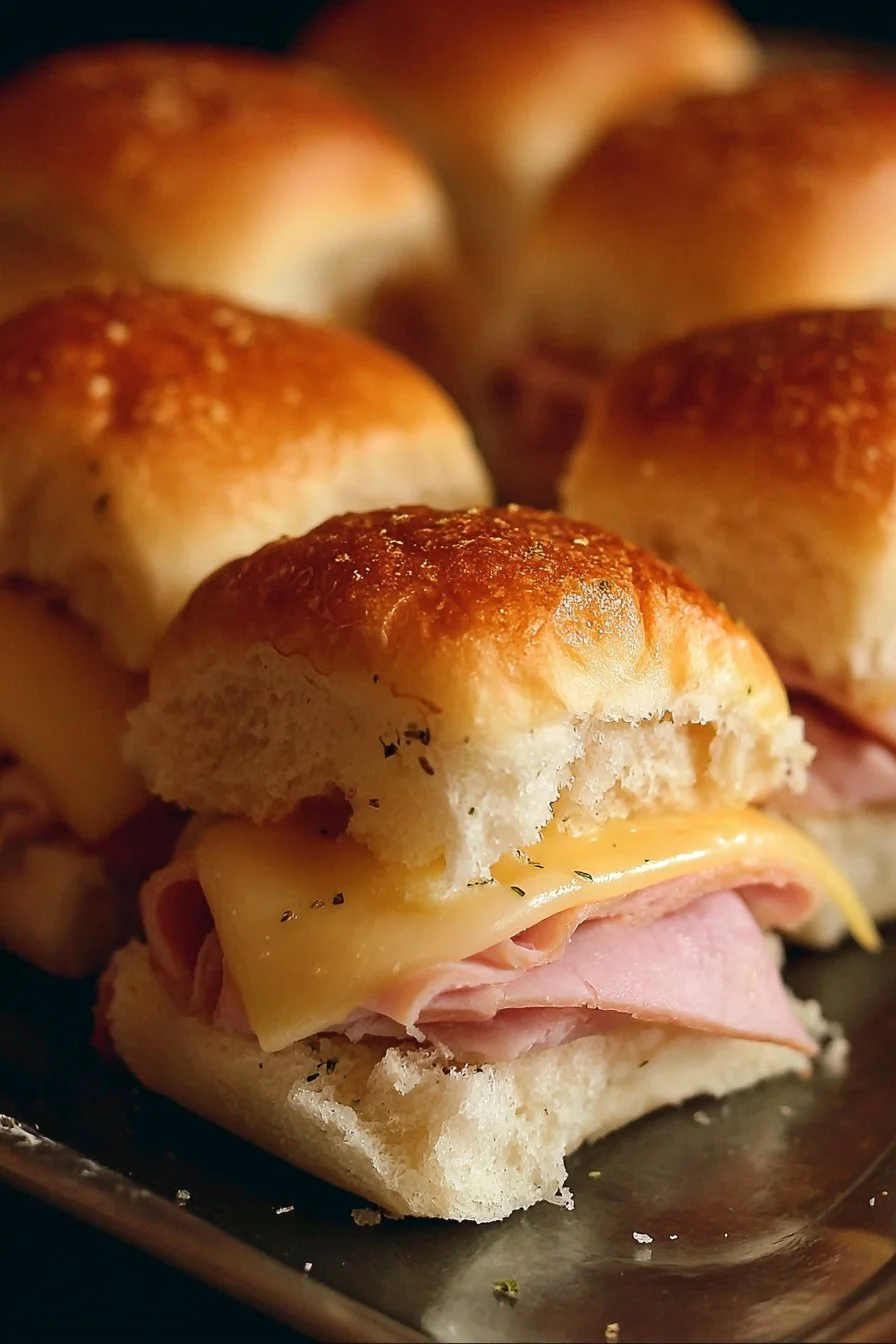 Delicious ham and cheese sliders served on a platter, perfect for appetizers.