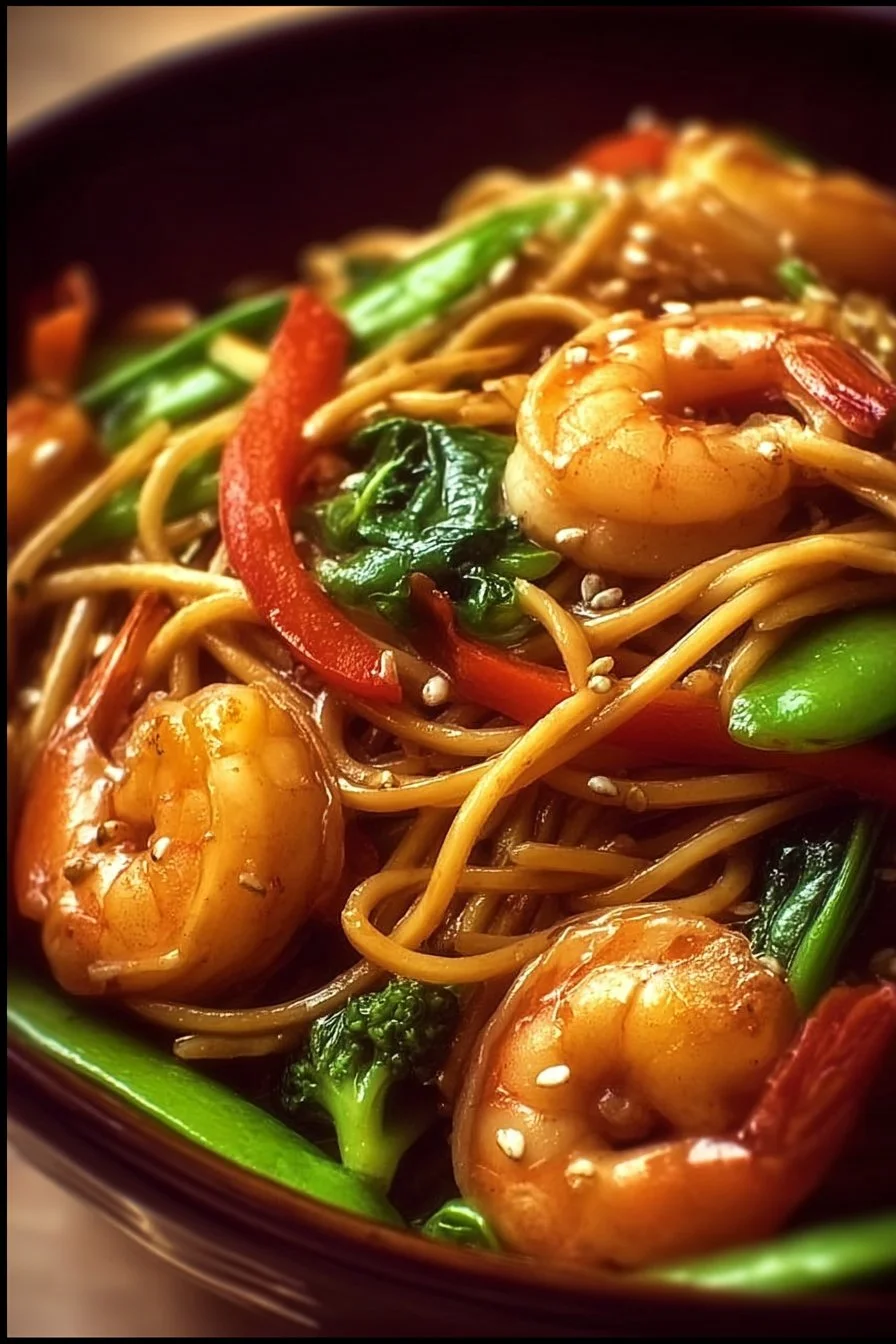 High-Protein Shrimp Stir Fry with Noodles 2 High-protein shrimp stir fry with colorful vegetables and noodles in a bowl