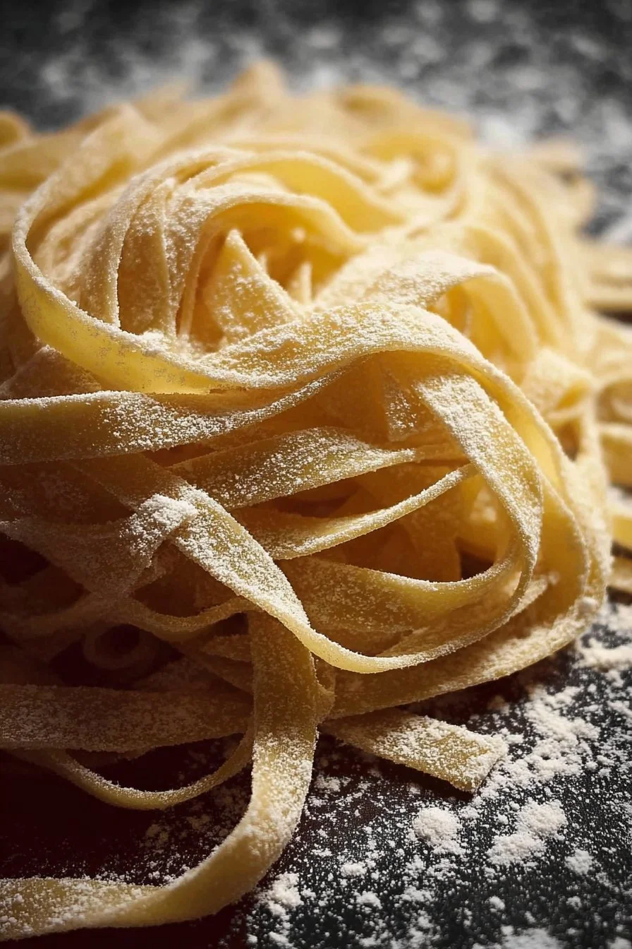 Plate of homemade fresh pasta with sauce and herbs