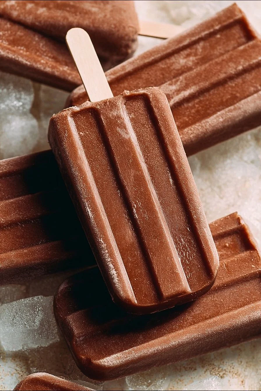 Delicious homemade fudgesicles ready to enjoy on a summer day.