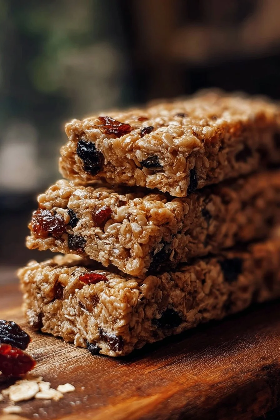 Homemade granola bars with nuts and dried fruits on a wooden table