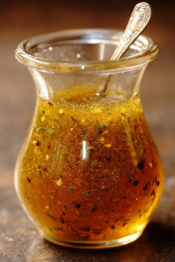 Fresh homemade Italian dressing in a glass jar with herbs and spices.
