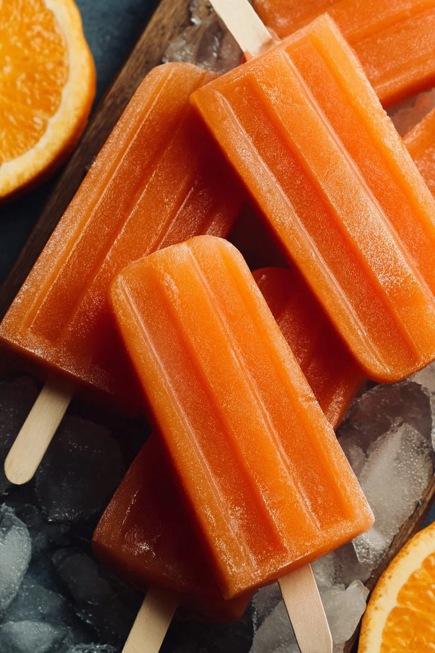 Homemade Orange Popsicles 2 Homemade orange popsicles made with fresh oranges and served in vibrant molds