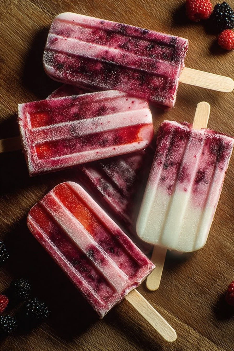 Homemade yogurt popsicles with mixed berries on a wooden table