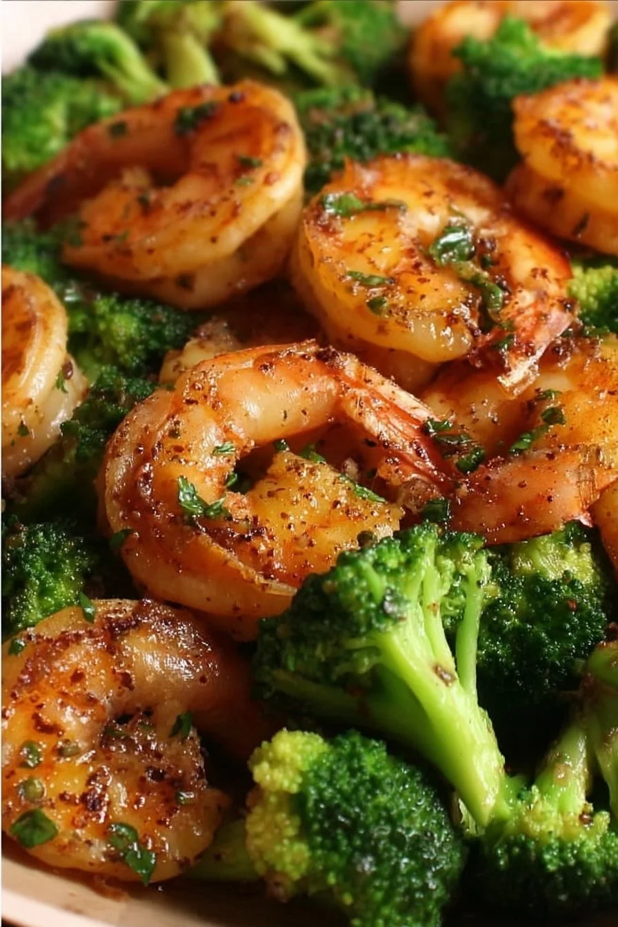 Delicious honey-garlic butter shrimp with broccoli served in a vibrant dish
