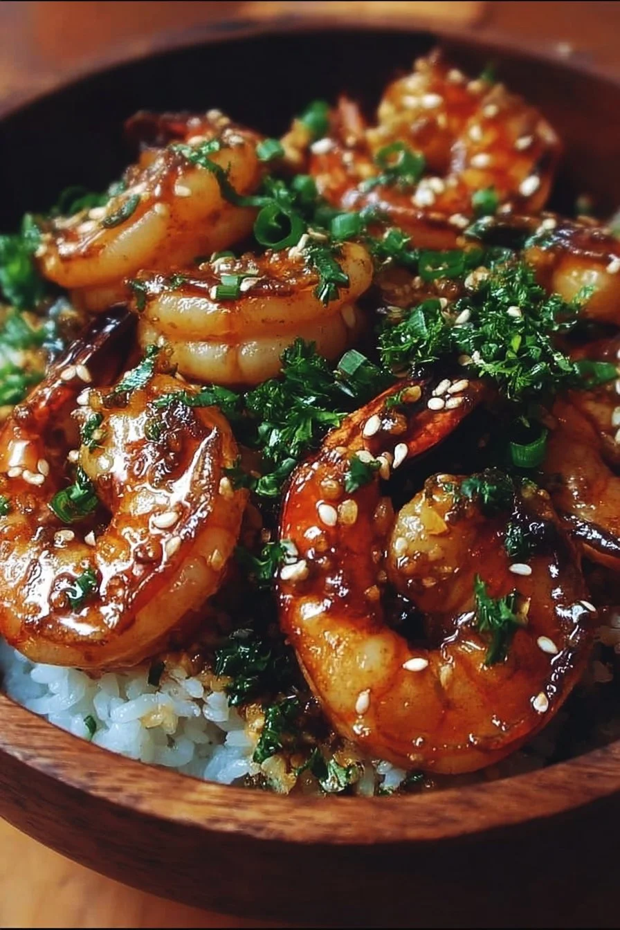 Honey garlic shrimp bowls with colorful vegetables and rice