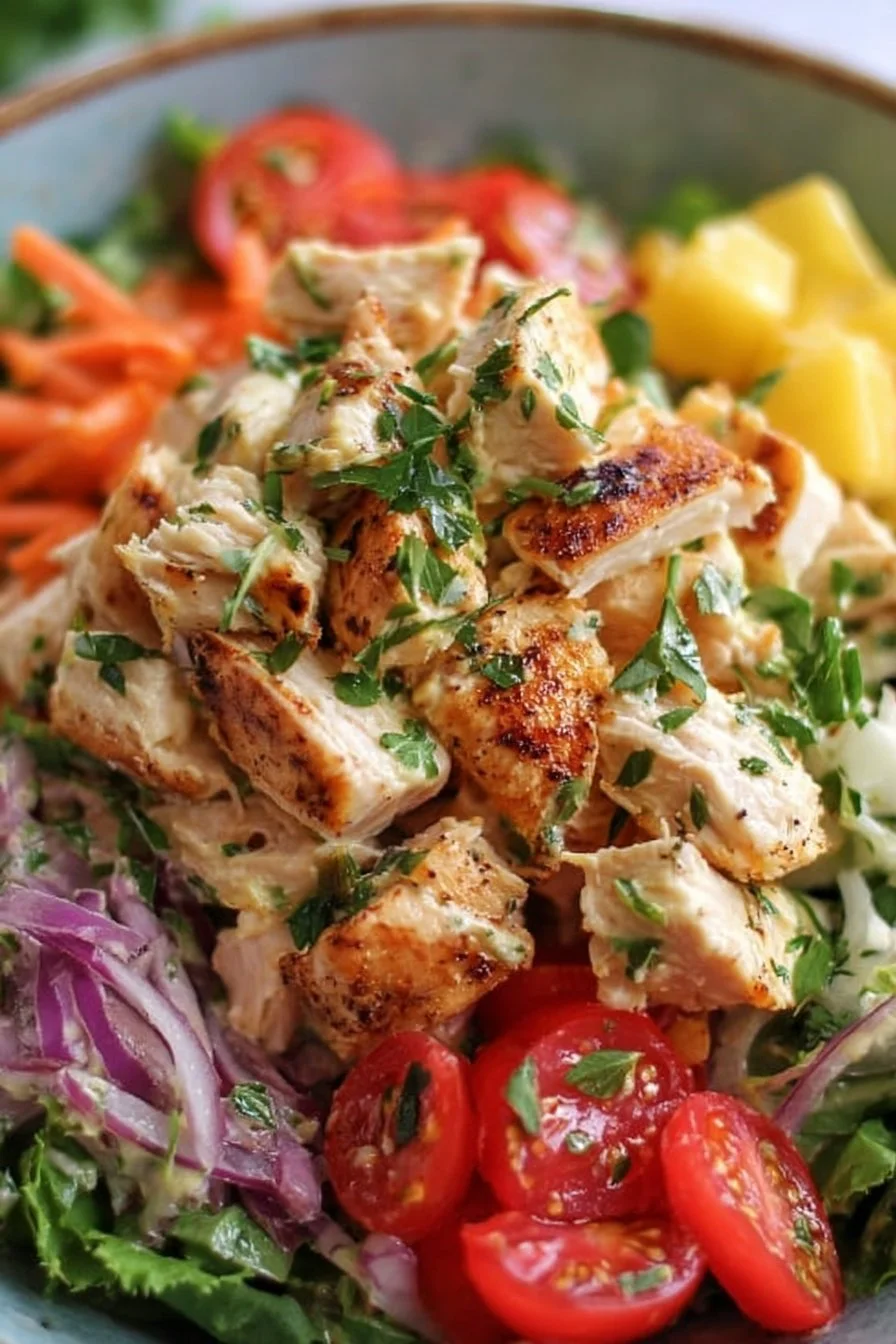 Delicious Island-Inspired Chicken Salad with tropical ingredients.