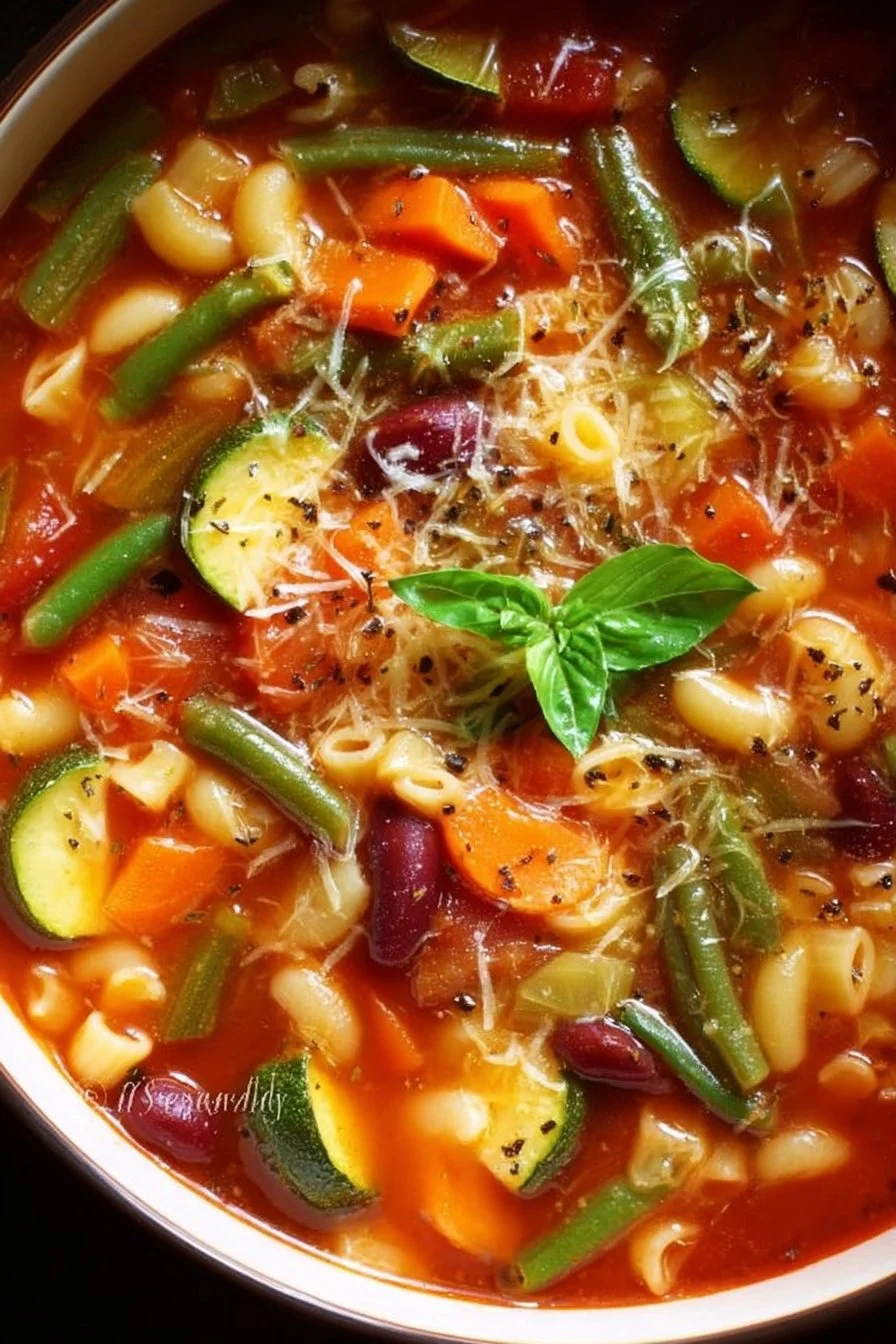 Bowl of Italian minestrone soup with fresh vegetables and herbs