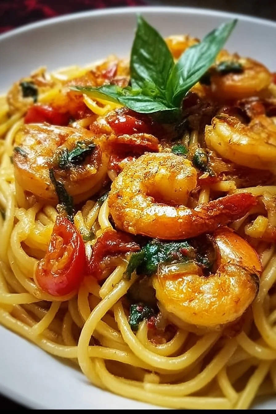 Plate of Jamaican Shrimp Pasta with coconut sauce and spices