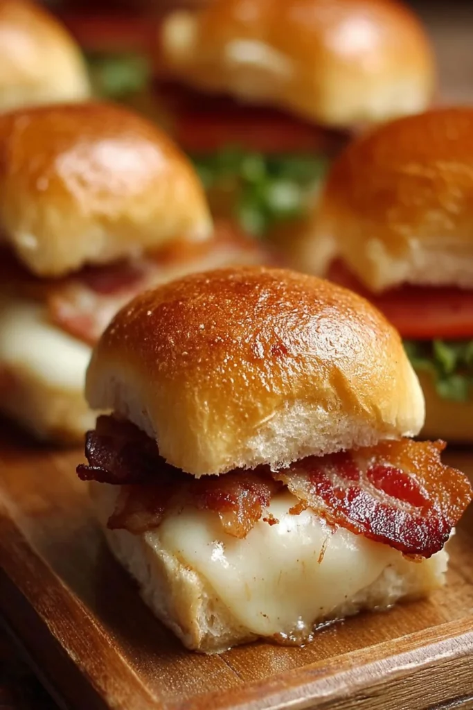 Kentucky Hot Brown Sliders topped with turkey and cheese on a serving platter