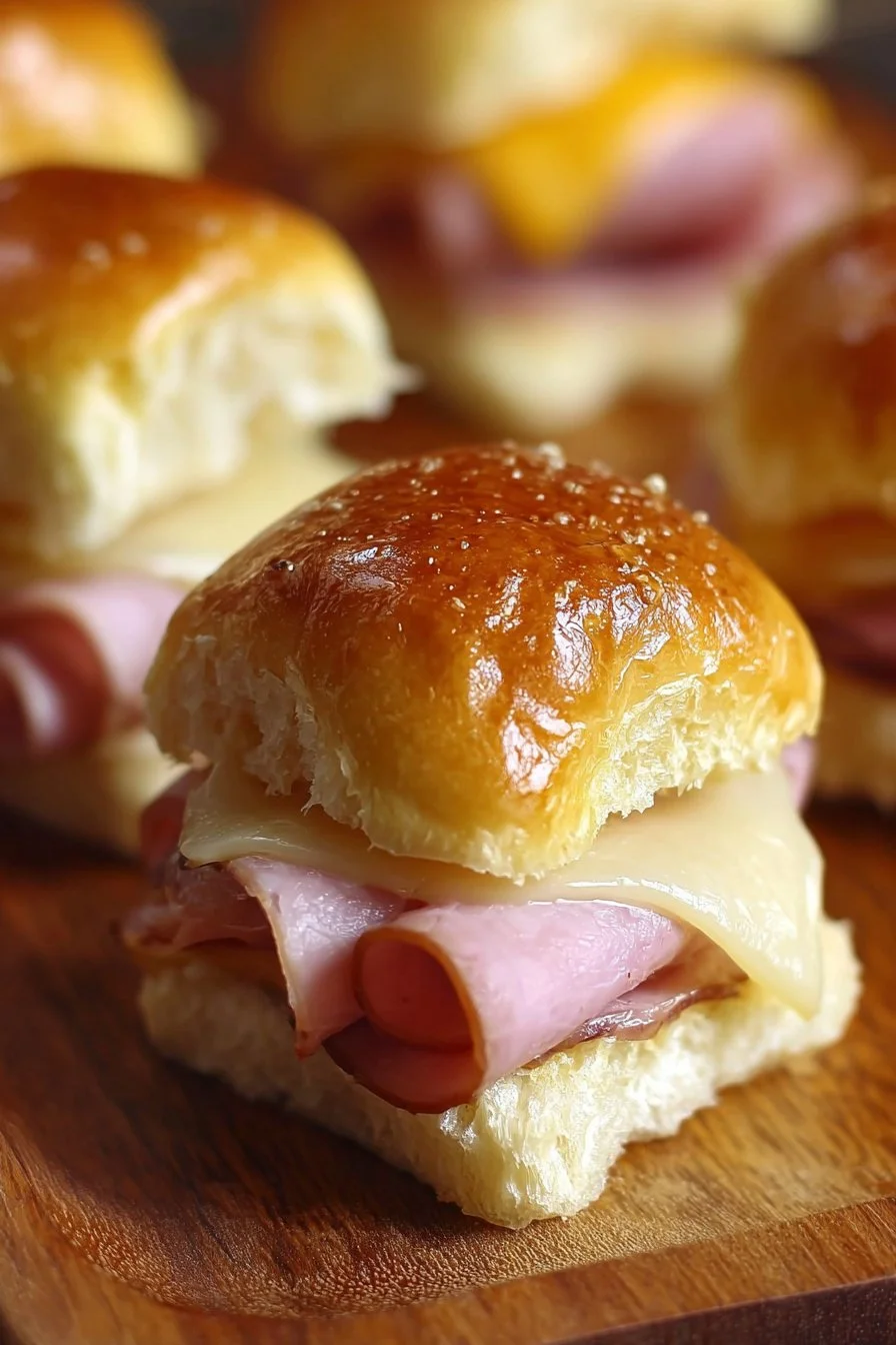 King's Hawaiian Ham and Cheese Sliders 2 King's Hawaiian ham and cheese sliders served on a platter for a delightful appetizer.