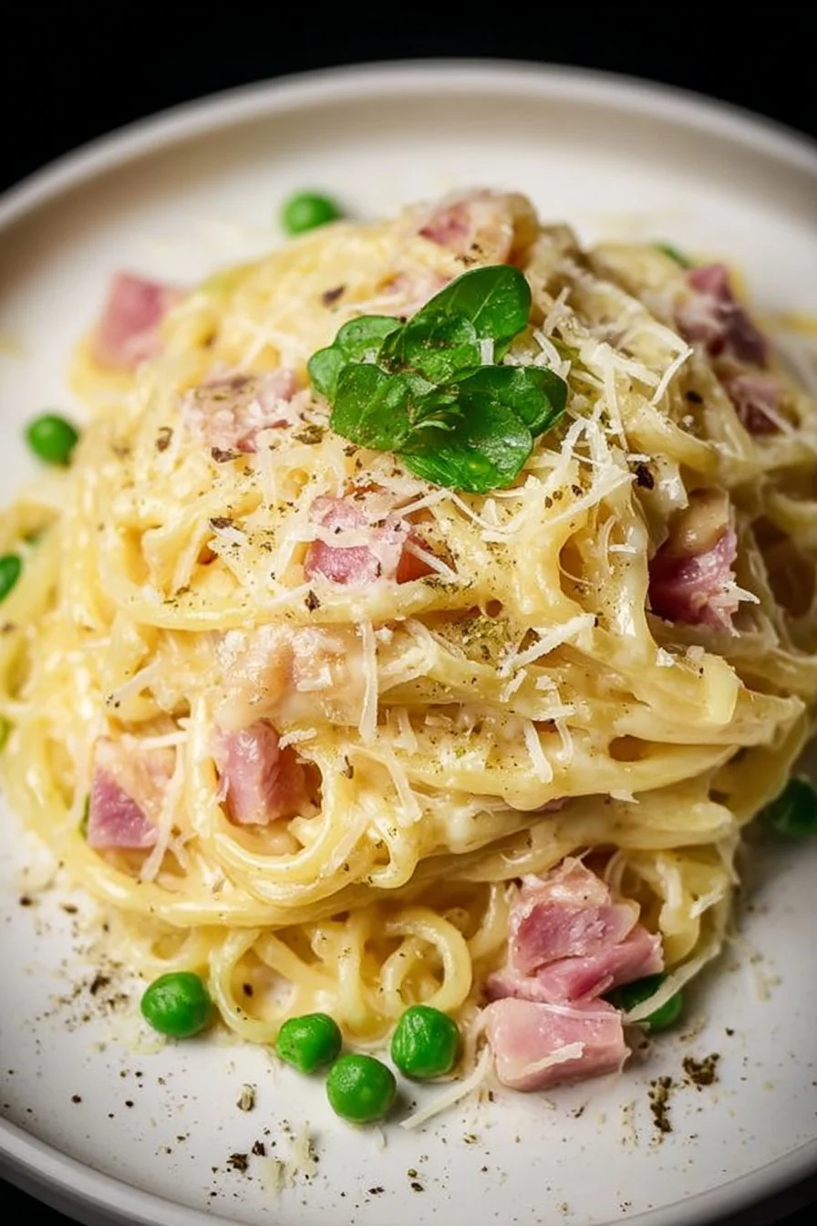 Delicious leftover ham carbonara served with fresh herbs and parmesan cheese