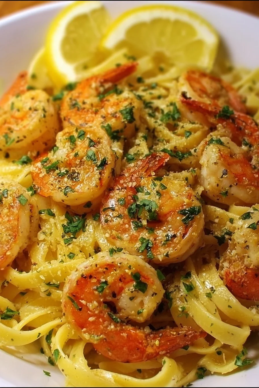 Delicious Lemon Butter Shrimp Pasta garnished with herbs.