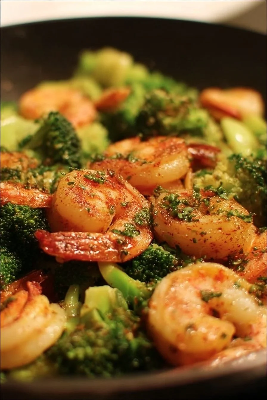 Low-carb shrimp and broccoli skillet dish on a plate