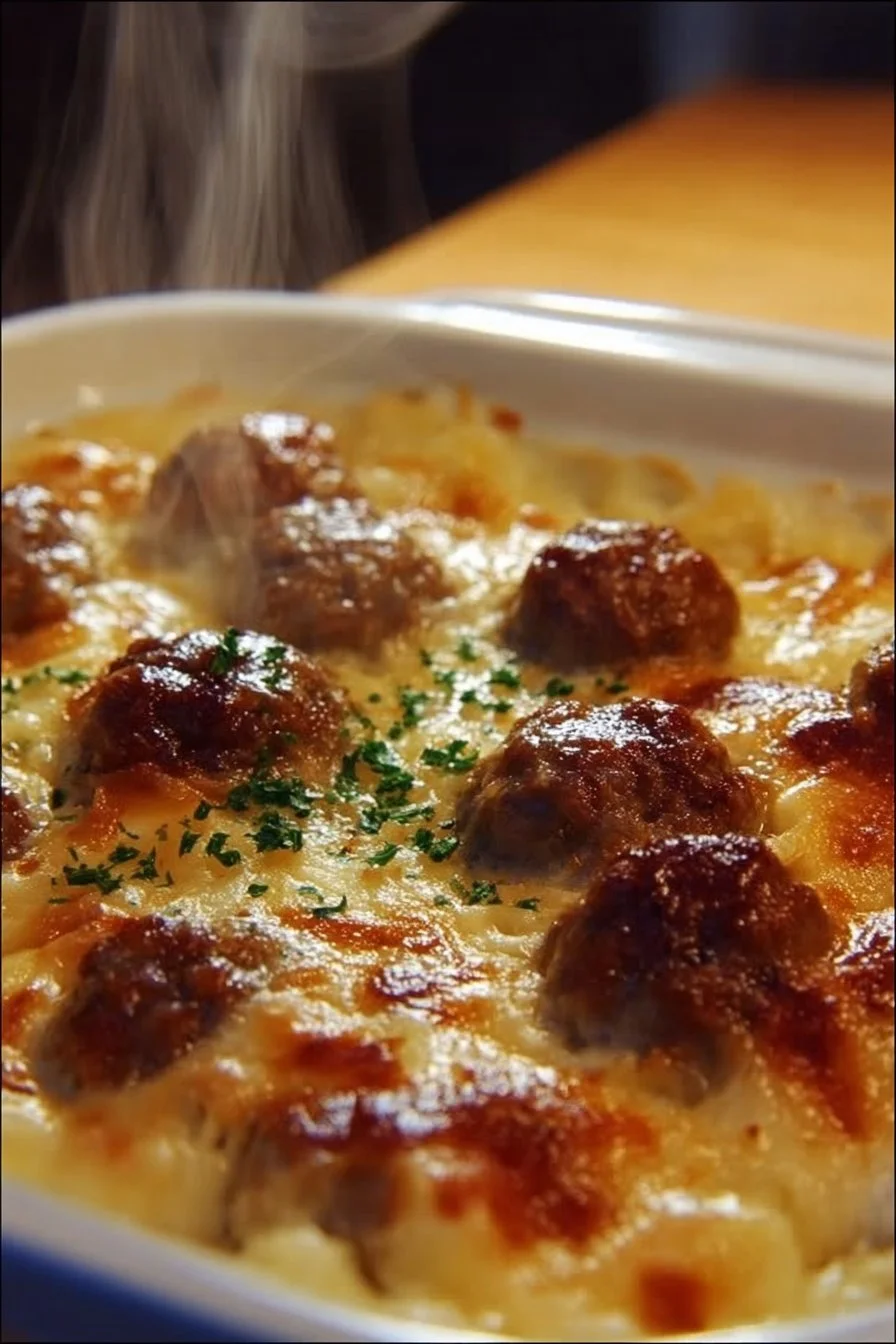 Meatball & Mashed Potato Bake 2 Delicious Meatball Bake with creamy mashed potatoes topped with melted cheese.