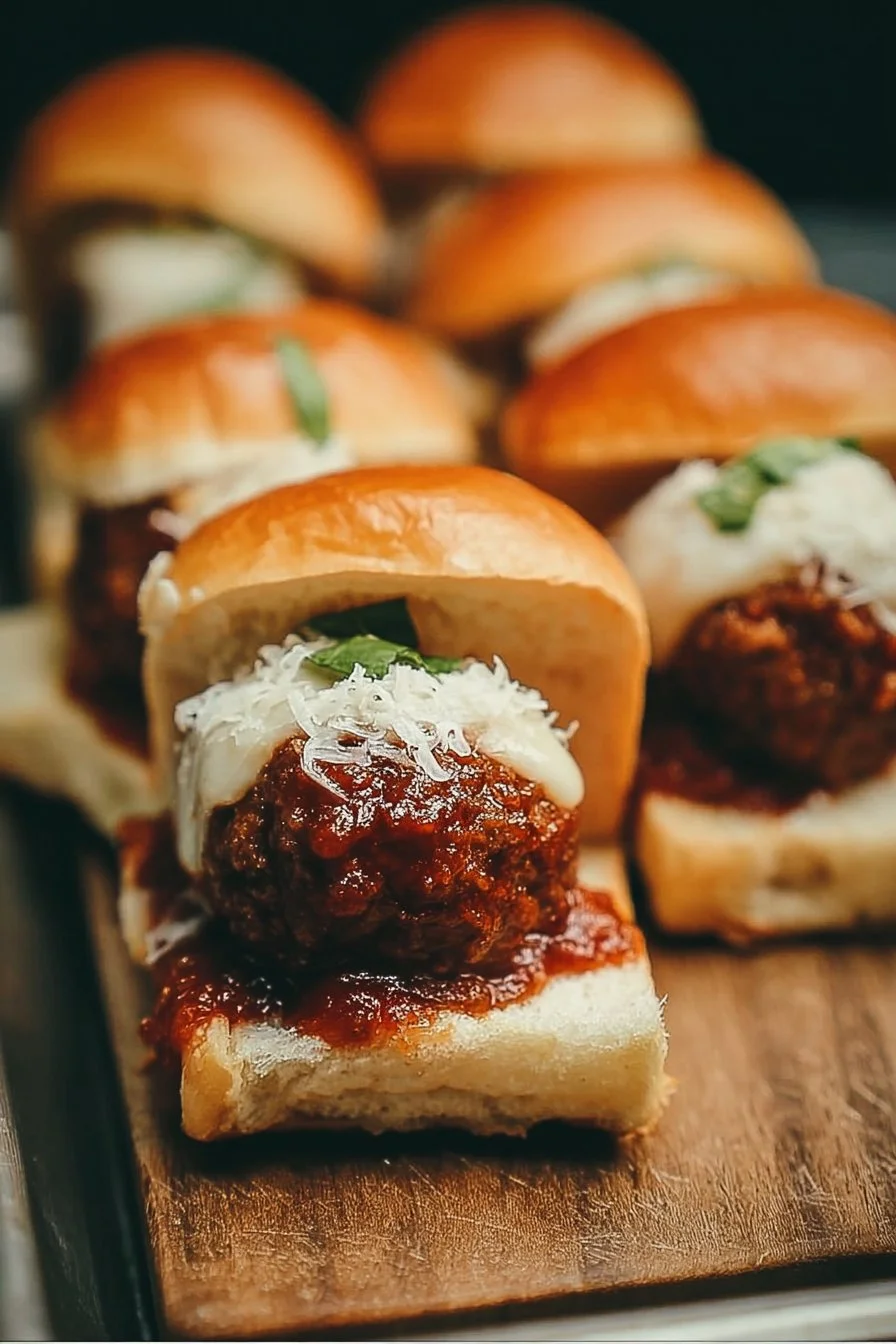 Meatball Sliders 2 Plate of tasty meatball sliders with marinara sauce and cheese