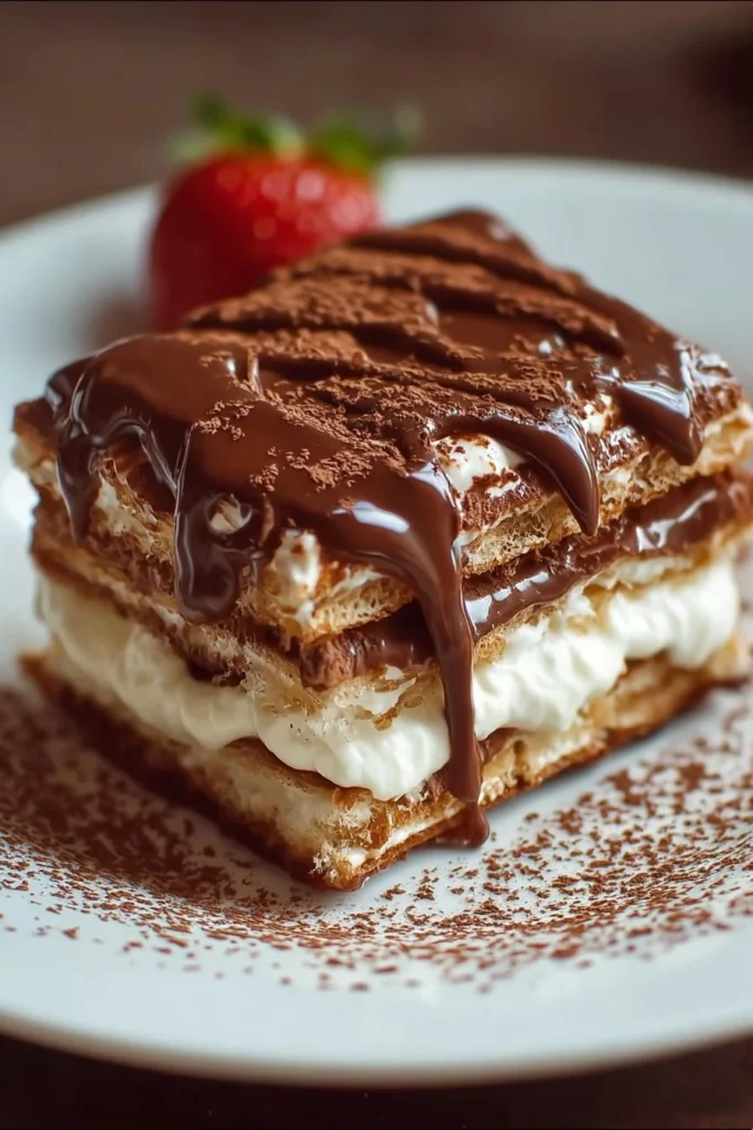 A decadent no-bake chocolate eclair cake topped with chocolate ganache.
