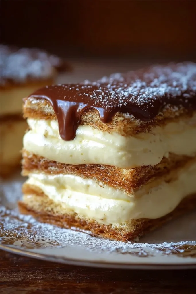No-bake éclair cake with creamy layers and chocolate topping.