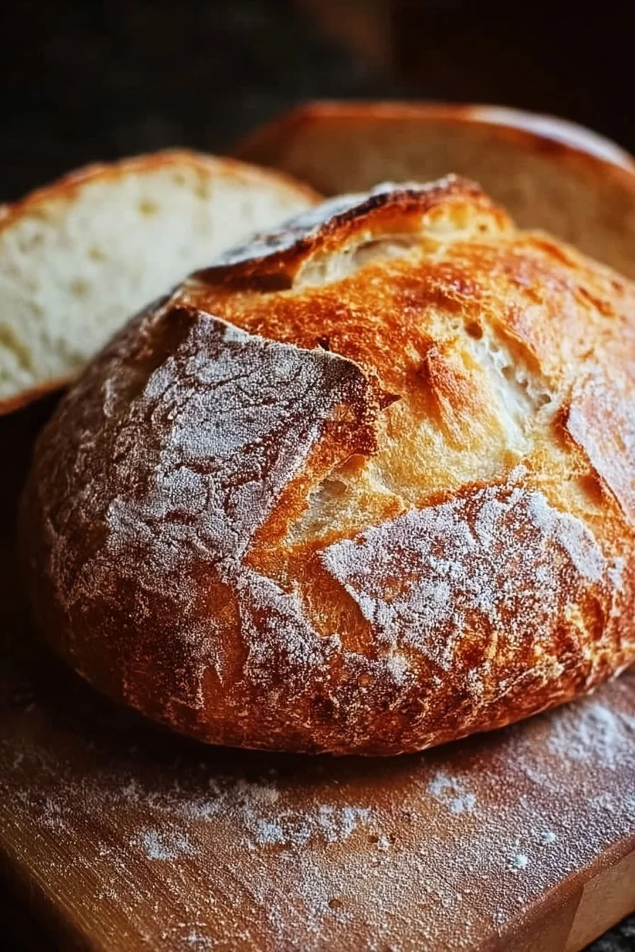A loaf of freshly baked no-knead artisan bread on a wooden cutting board