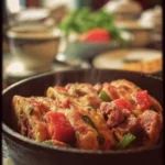One-pan dinner with chicken, beef, and tofu served on a platter