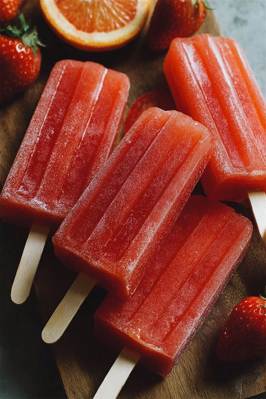 Delicious homemade Orange Strawberry Popsicles on a sunny day