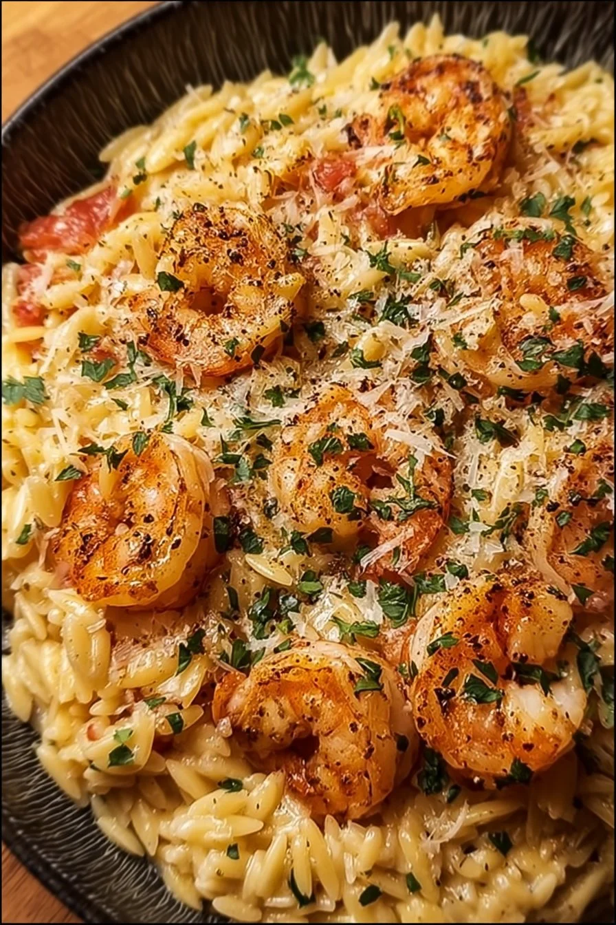 Delicious Parmesan Orzo with shrimp served in a bowl with herbs